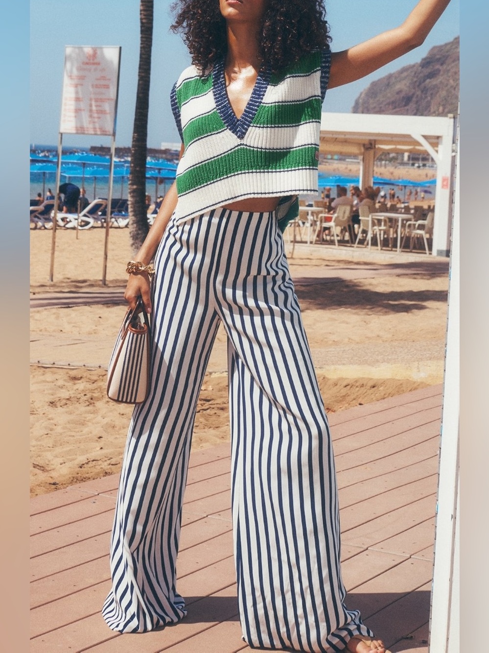 Staud Luke Striped Wide Leg Pants Coastal Nautical Navy White Size Small